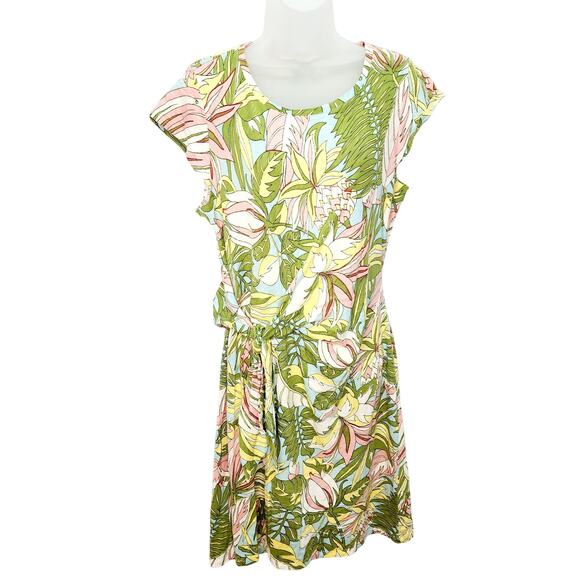 Talbots Short Sleeve Tropical Floral Print Ties At The Waist Cotton Dress Size L - Picture 1 of 10